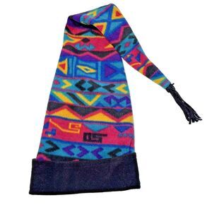 VTG 90s Kids Long Jester Stocking Ski Hat Geometric‎ Aztec USA Made Retro Bright